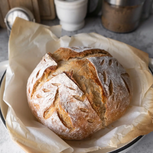 Crusty round sourdough loaf on parchment